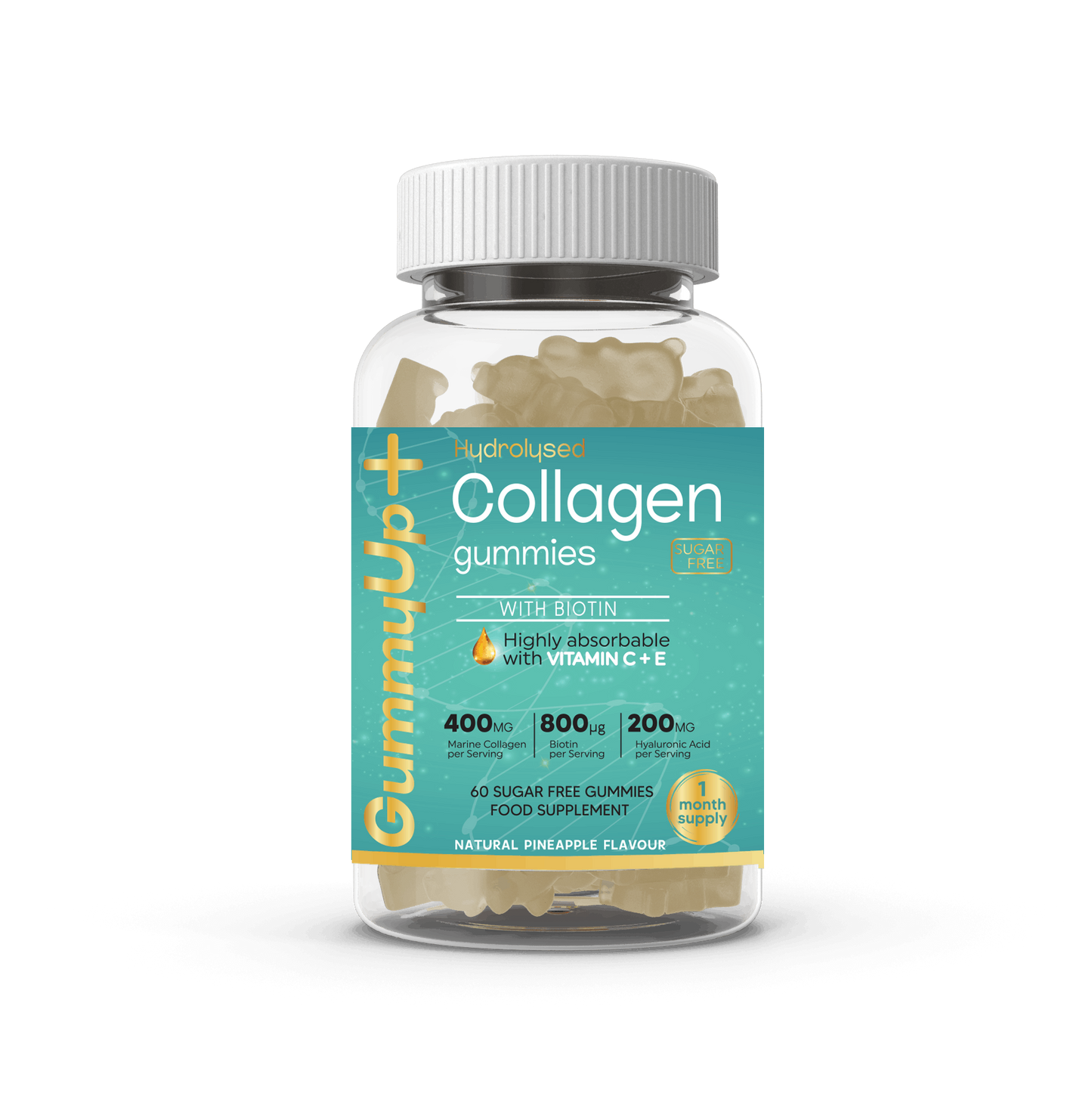 A bottle of Gummy Up+ Collagen Gummies with natural pineapple flavor, highlighting the product's benefits such as anti-aging, joint support, and improved skin, hair, and nails.