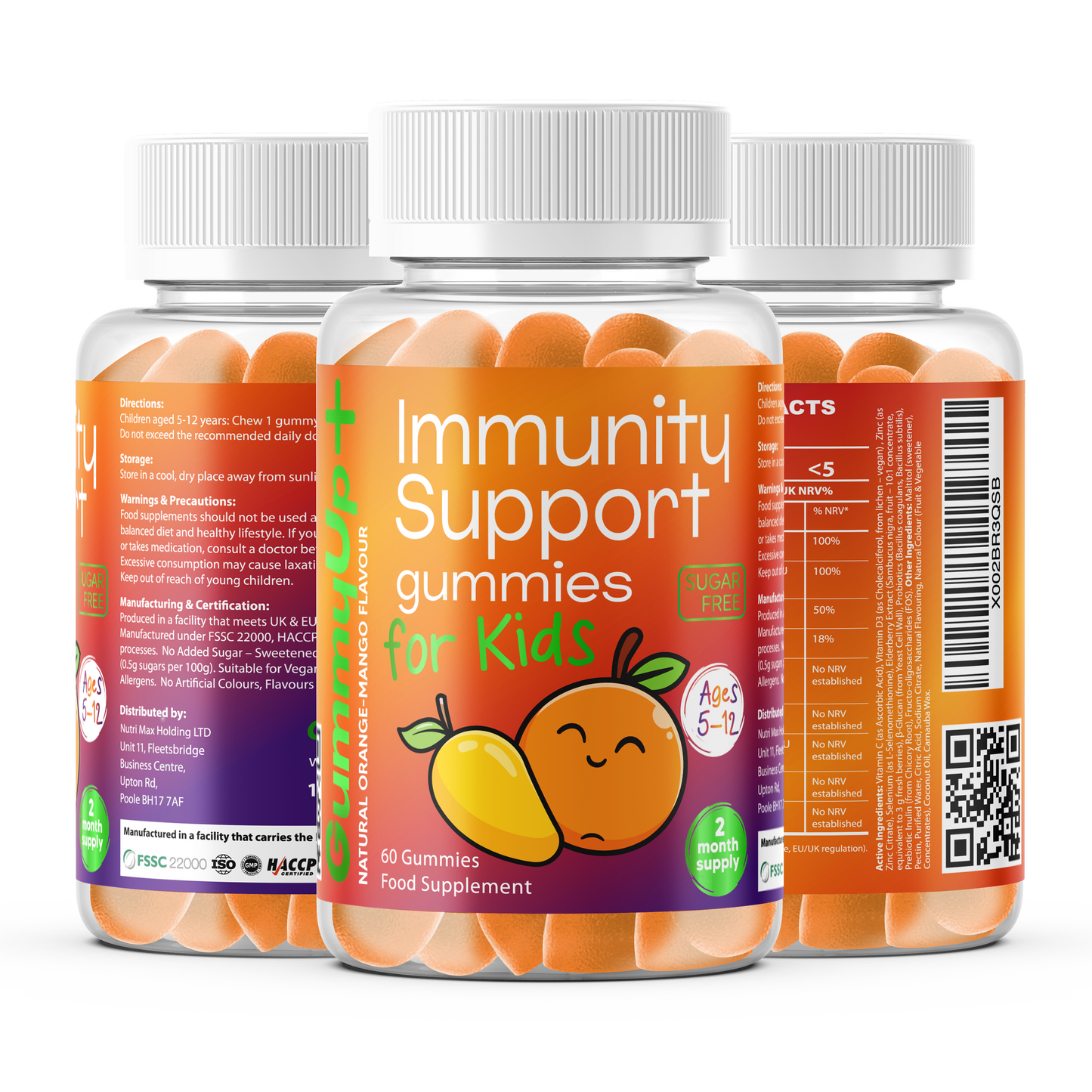 Kids Immunity Support Gummies Sugar-Free Children’s Vitamins Natural Orange Mango Flavour 60 Gummies Ages 5–12 GummyUp+ 2 Months Supply