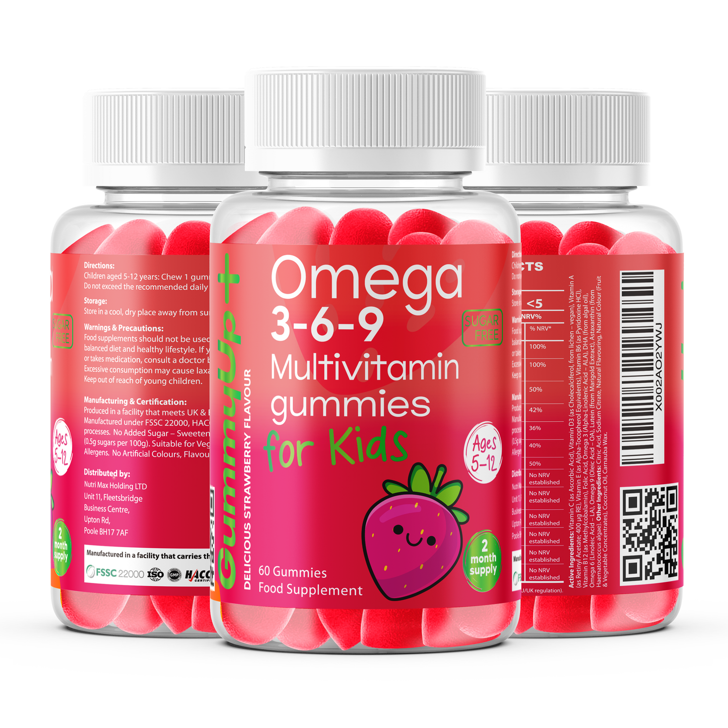 Kids Omega 3-6-9 Multivitamin Gummies (Ages 5–12) Sugar-Free Strawberry Flavour GummyUp+ 2 Months Supply