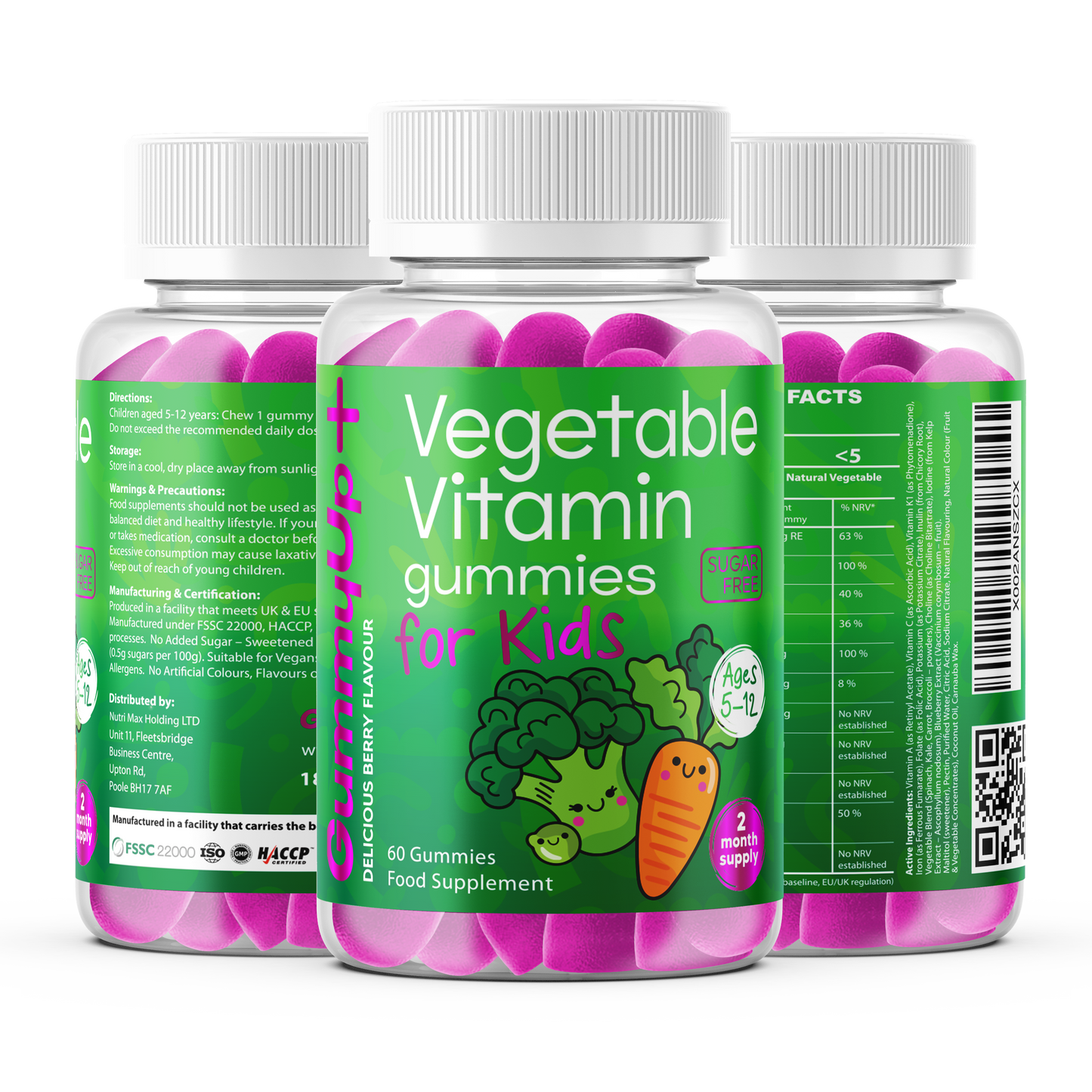 Kids Vegetable Vitamin Gummies (Ages 5–12) Sugar-Free Multivitamin Berry Flavour GummyUp+ 2 Months Supply