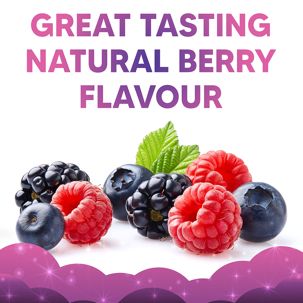 Berries with text 'Great Tasting Natural Berry Flavour' on a white background