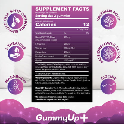 Supplement facts label for GummyUp+ gummies with various ingredients and their benefits.