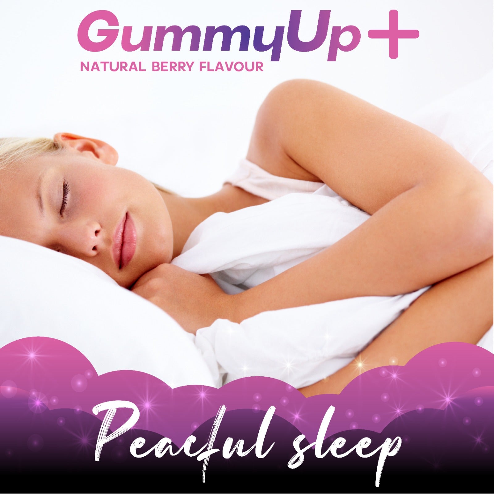 Person lying down with 'GummyUp+' text and 'Peaceful sleep' text on a white background
